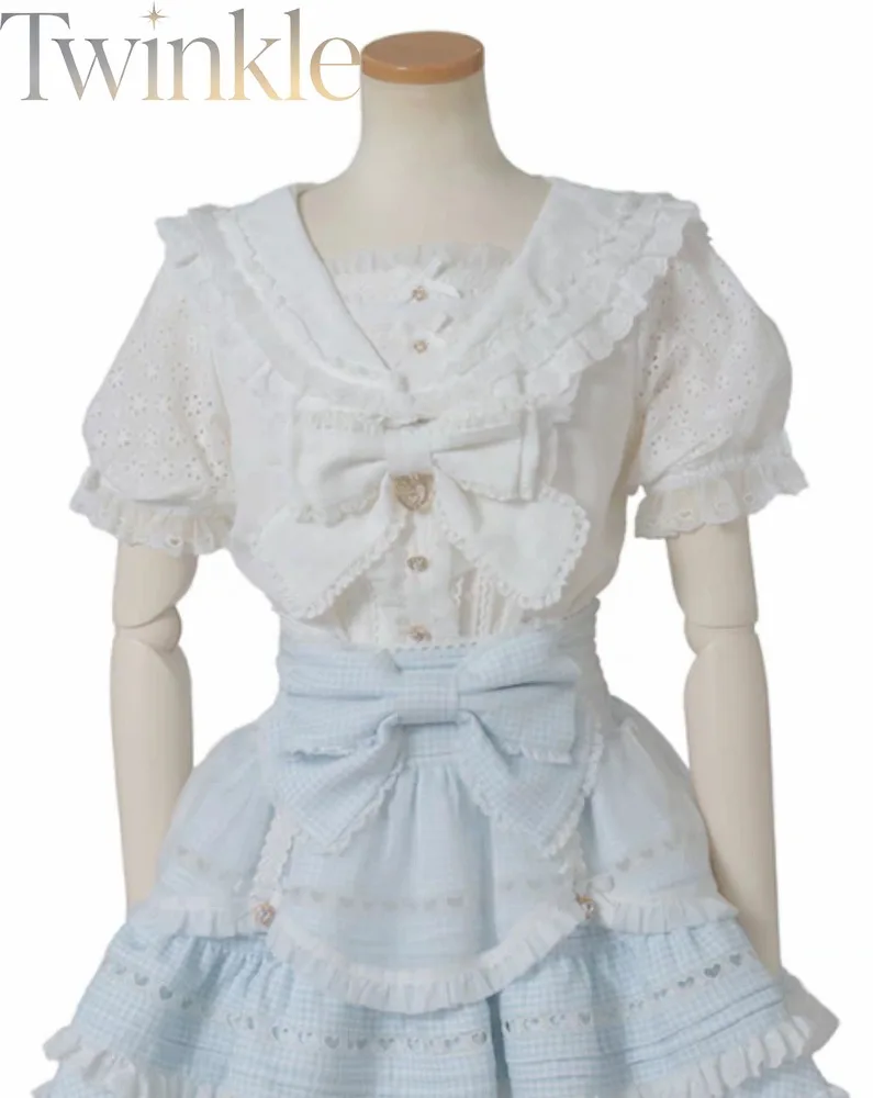 Lolita Blouse Japanese Sweet Cute Pearl Lace Bow Puff Sleeve Shirt Women Kawaii White Autumn Pleated Top Girl Fashion