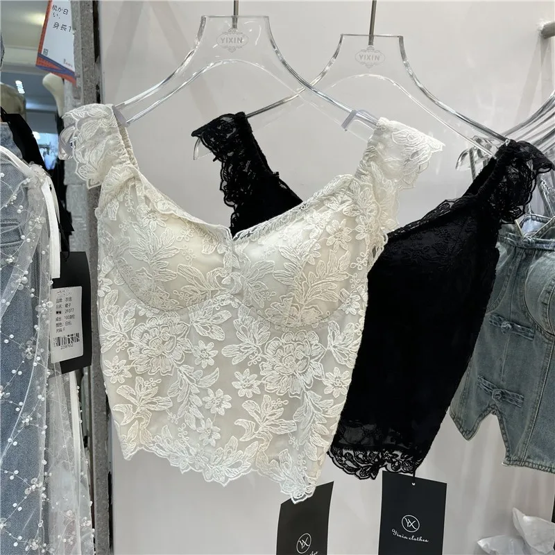 Pure Desire Spicy Girl Style Lace Strap Women's Spring Summer New Folded Hollow out Chest Cotton Tube Top Vest