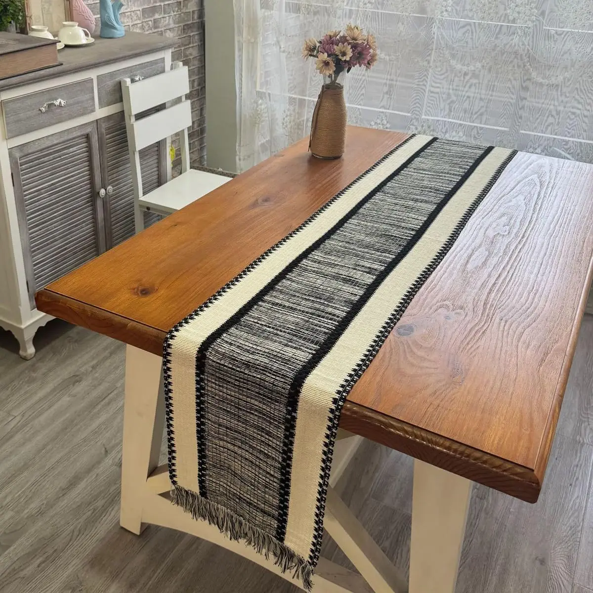 

Macrame Table Runner Boho Woven Farmhouse Rustic Striped Table Runner for Dining Coffee Table Summer Burlap Tassel