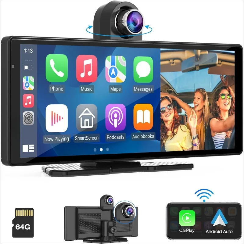 4K W903 Portable Wireless Carplay & Android Auto with Dash Cam - 9.3