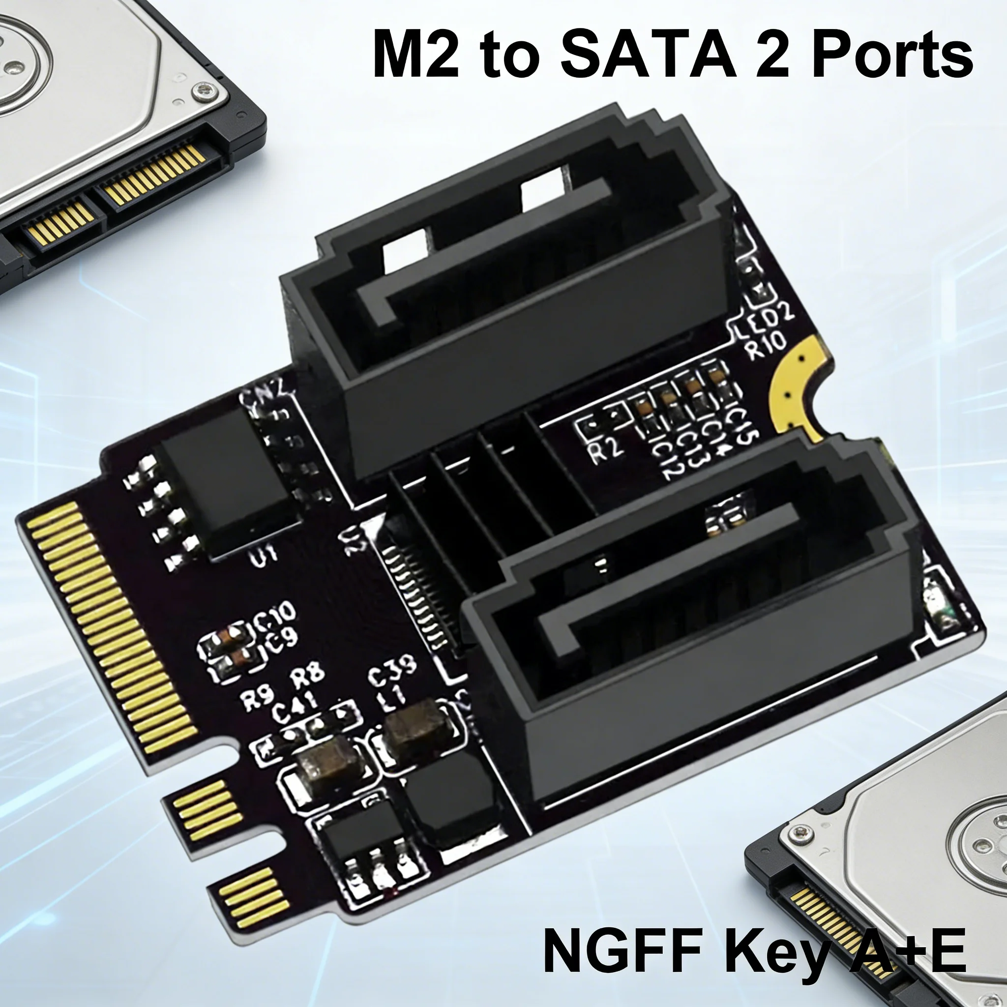 MZX M.2 zu SATA 3.0 2-Port NGFF Konverter SSD HDD Festplattenadapter Riser-Karte Key A+E WLAN Treiberfreies Computer-PC-Zubehör