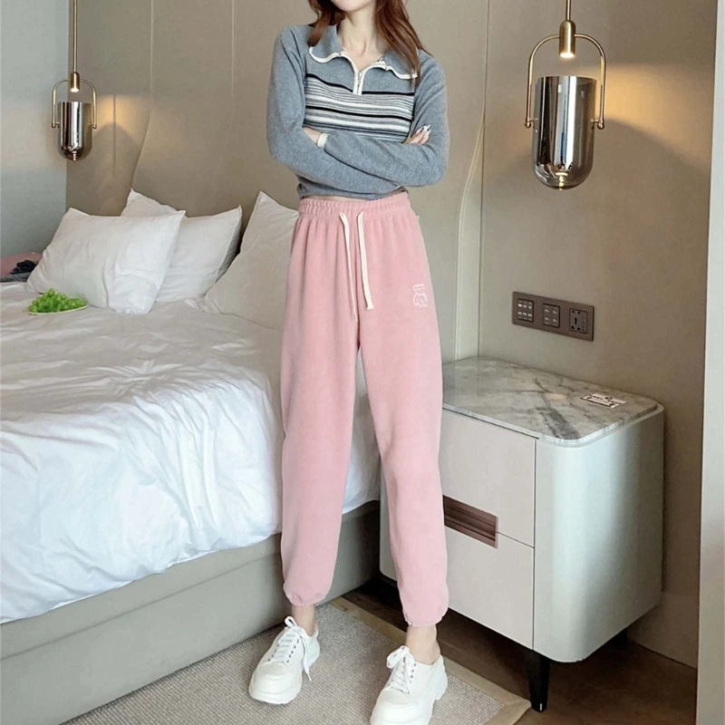 Soft Long Pant with Bear Embroidery High Waist Pant Trousers Perfect for Winter 066C