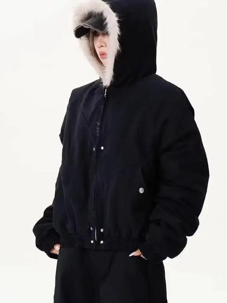Korean Trend 2025 Parkas Black Long Sleeves Warm Short Jacket Clothes Women Khaki Thicken Winter Hoodie Zipper Cotton Coat