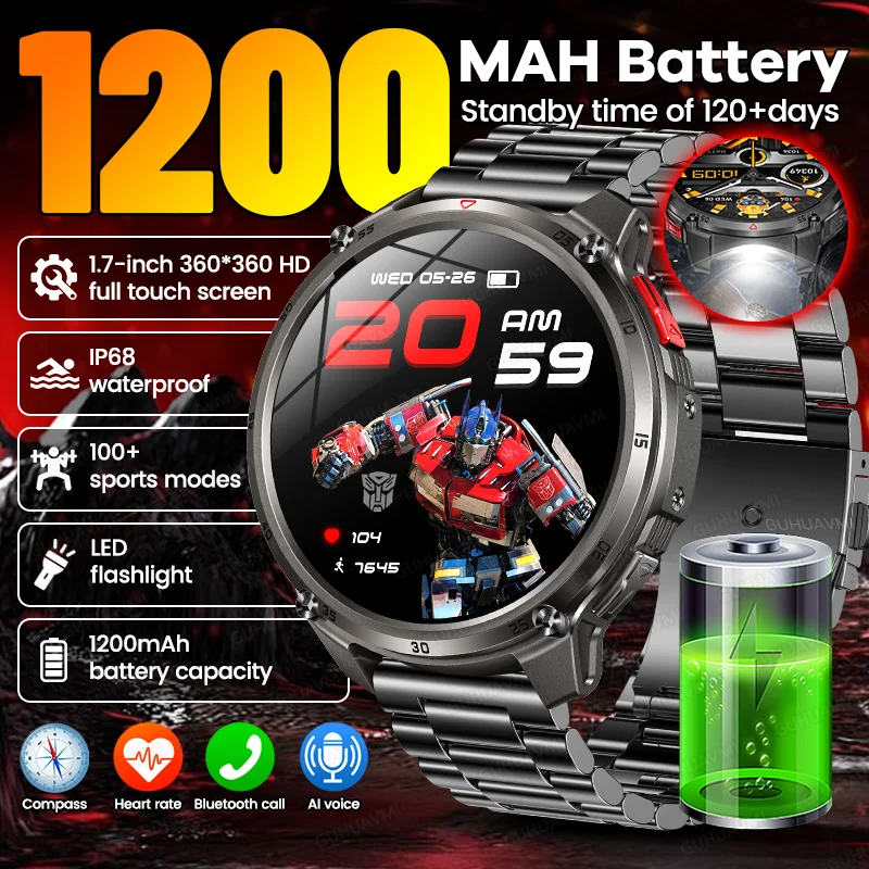 New Outdoor Built in 1200mAh Big Battery Smart Watch Compass GPS IP68 Waterproof Flashlight BT Call Men Sports TF Pro Smartwatch