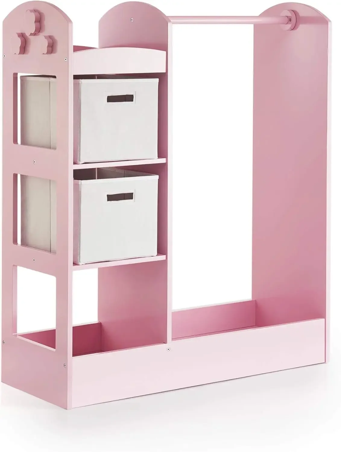 Center – Pink: Pretend Play Costume Storage Wardrobe for Kids with Mirror & Shelves, Armoire with Bottom Tray, Toddlers Room Fur