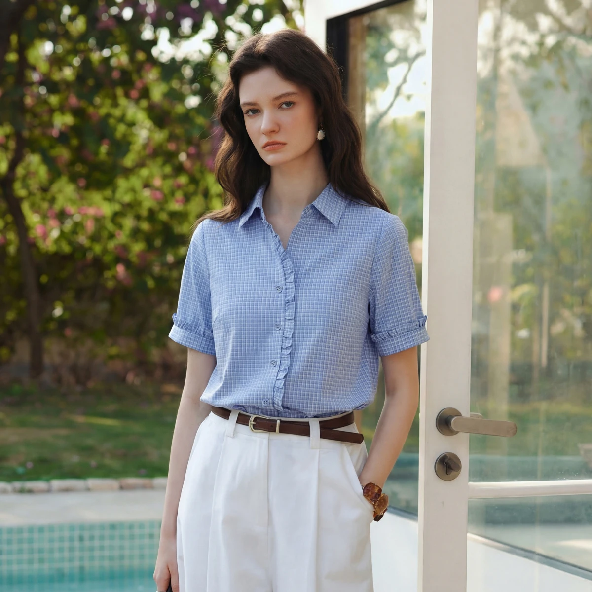 OLrain Blue Women's Casual Plaid Shirt 2026 Summer Ruffle Trim Spliced Commuter Versatile Loose Short Sleeve Blouse O58XC005828 view 3