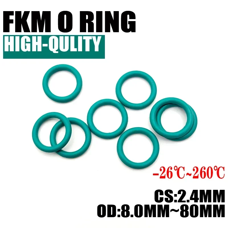 50pcs Superior FKM Fluorine Rubber O Ring CS 2.4mm OD 8 ~ 80mm Sealing Gasket Insulation Oil High Temperature Resistance Green