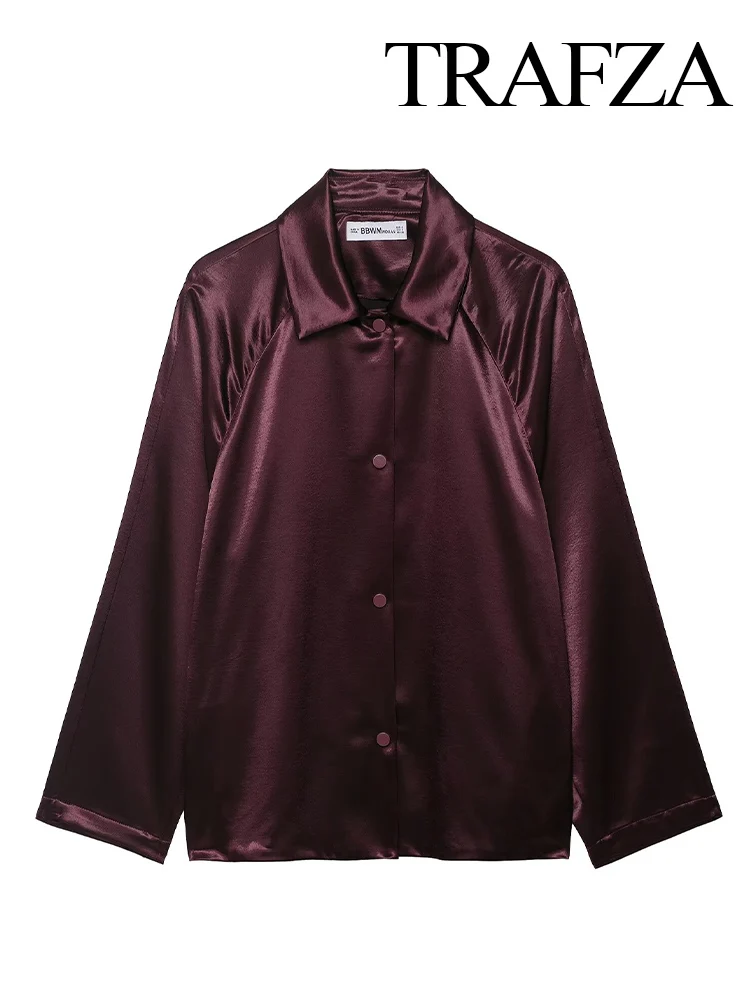 

HH Women Autumn Fashion Vintage Lapel Single Breasted Loose Shirt Jacket Female Silk Satin Textured Long Sleeve Coat Mujer