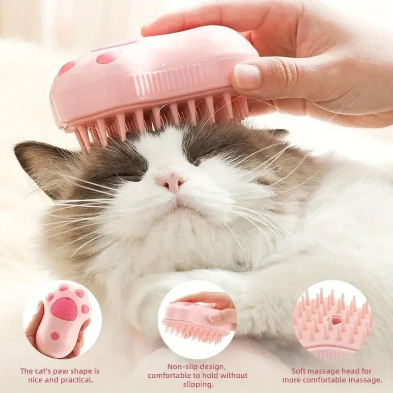 Premium 3-in-1 Steam Cat Brush - Gentle Self-Cleaning Massage Tool To Remove Tangles and Loose Hair, Ergonomic Design, Pink