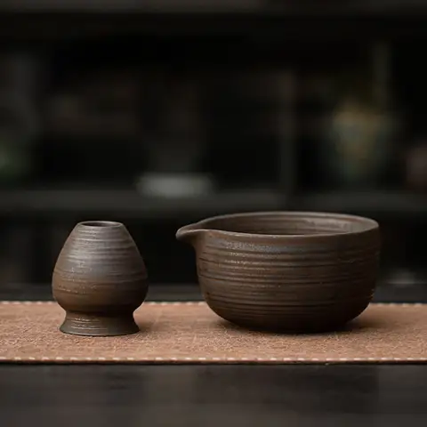 2PCS Traditional Ceramic Matcha Bowl Japanese Matcha Large Capacity Whisk Stand Holder Matcha Chasen Tea Making Tools