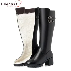 DIMANYU Damskie buty zimowe 2024 Nowe skórzane wełniane buty na wysokim obcasie Kobiety Duży rozmiar 41 42 43 Ciepłe buty śniegowe Kobiety
