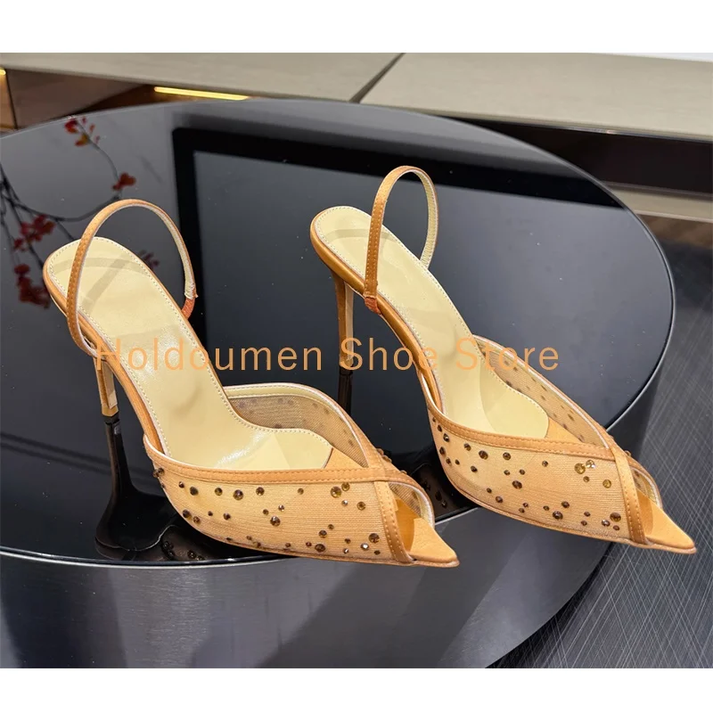 Handmade Lace Diamond Studded Exquisite Women's Sandals Pointed Toe V-Shaped Mouth Sexy Slingback Back Strap Stiletto Sandals