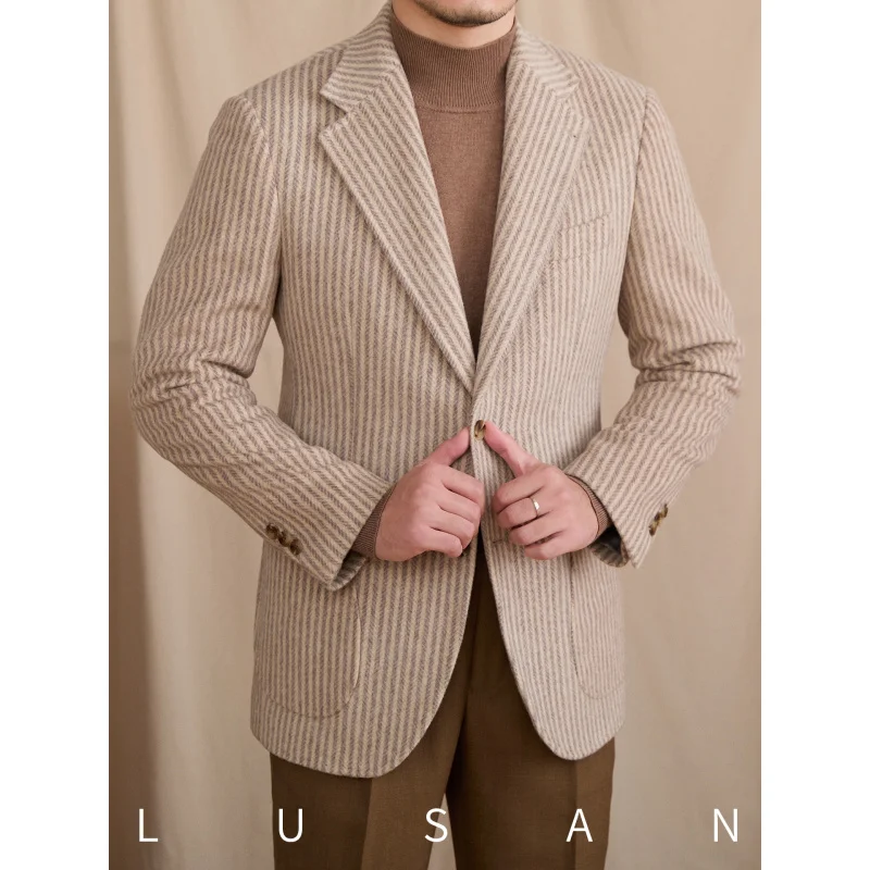 

Mr. Lu San Men's British Retro Striped60%Wool Suit Jacket Autumn Winter Casual Commuter Small Blazer Trendy