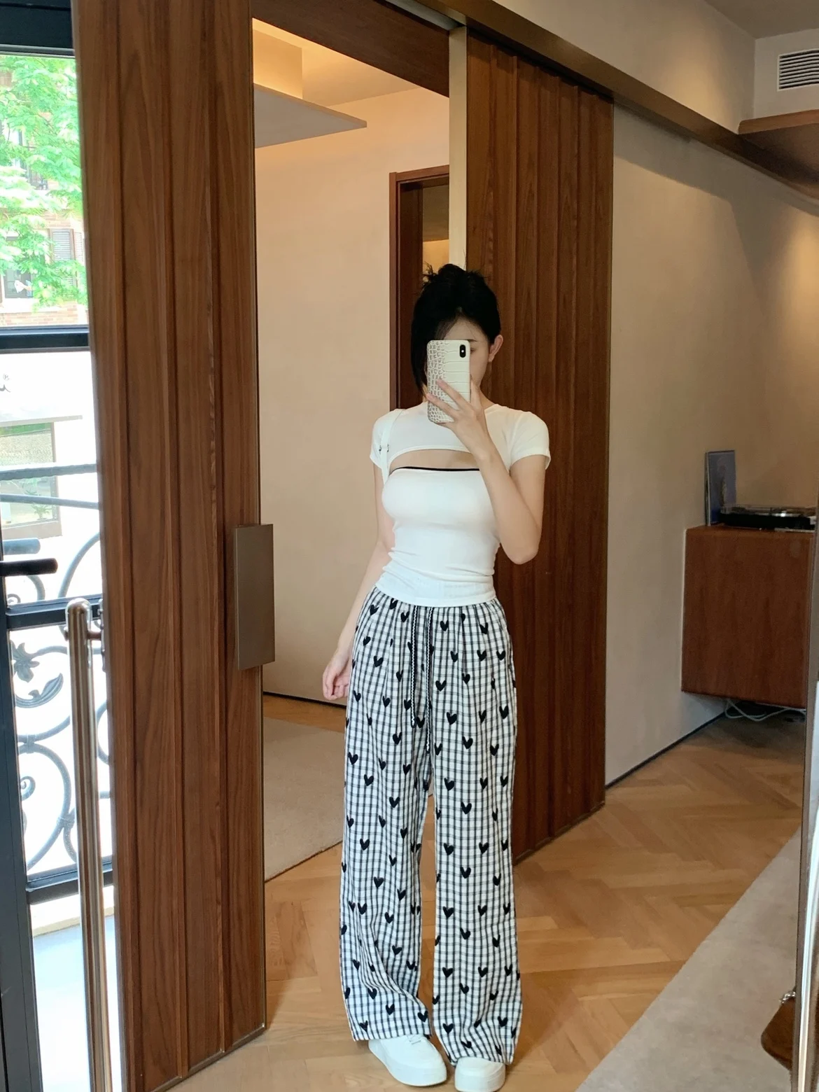 

Beloved Korean Style Plaid Heart Print Wide Leg Pants Summer Loose Fit Casual Bubble Pants Draping Walking Pants for Women