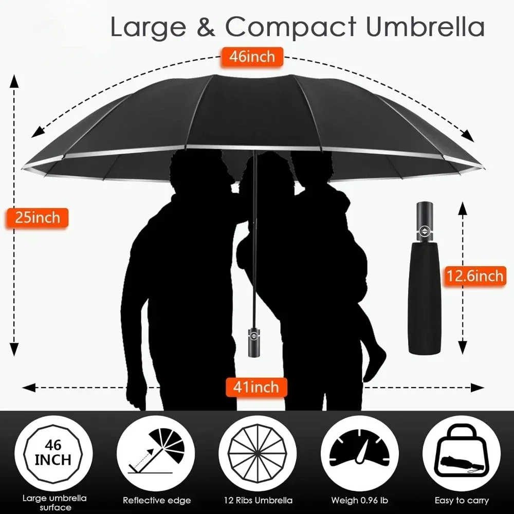 46 بوصة مقاومة للرياح للمطر والشمس، عكس مدمج مع شريط عاكس، مطلية بالتفلون للنساء والرجال، قابلة للطي مع حقيبة غطاء