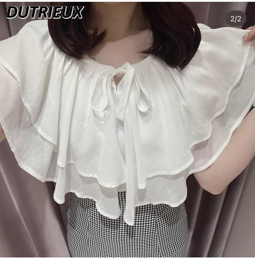 

Summer Sweet Cute Girls Lotus Collar Lace-up Blouse Polka Dot/Pure Color All-Matching Short Outer Wear Shirt Womens Tops