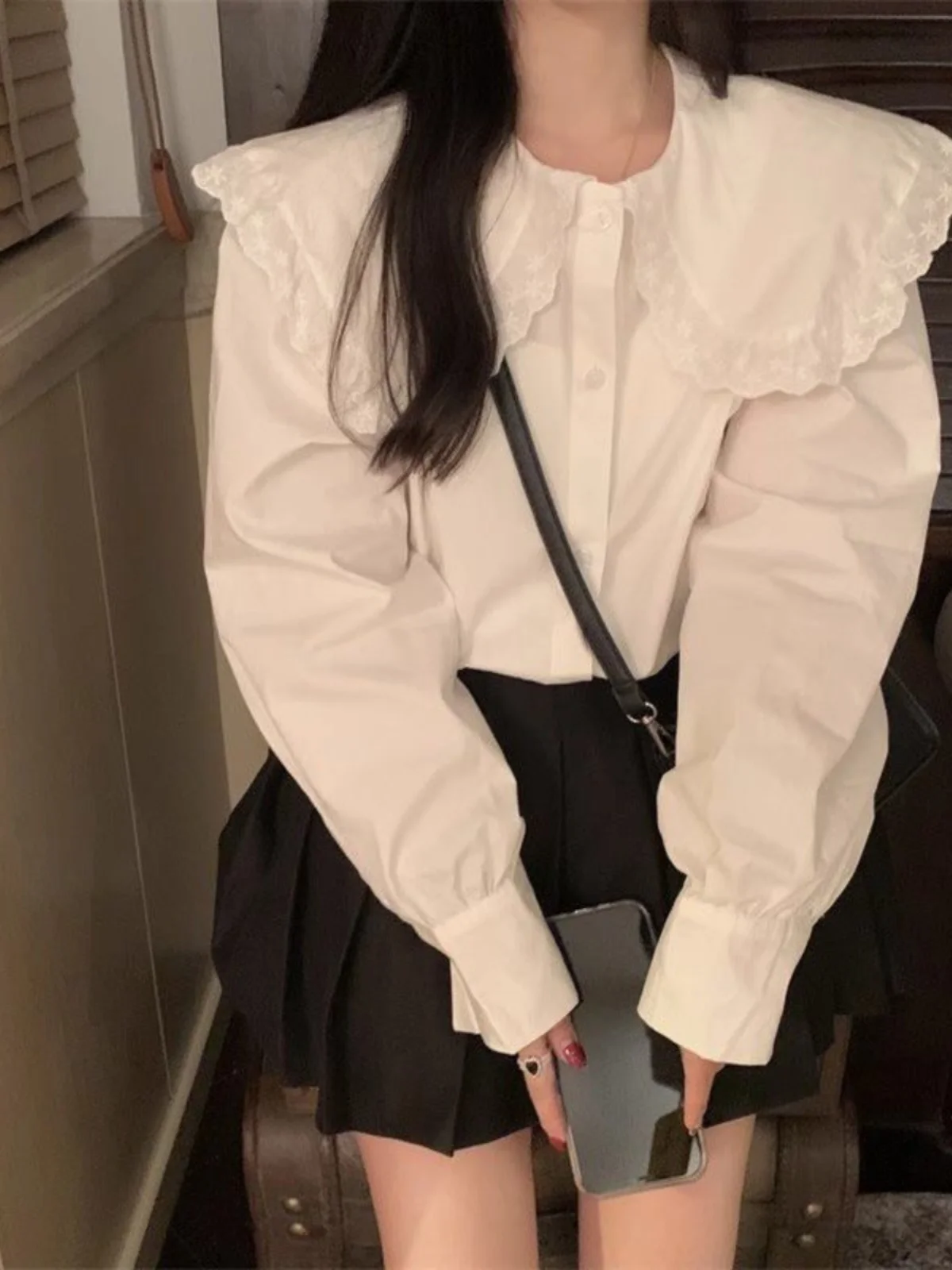 

White Doll Collar Long Sleeve Shirt Women's Sweet Style Spring Autumn Lace Collar plus Size Comfortable Fit Casual Shirt