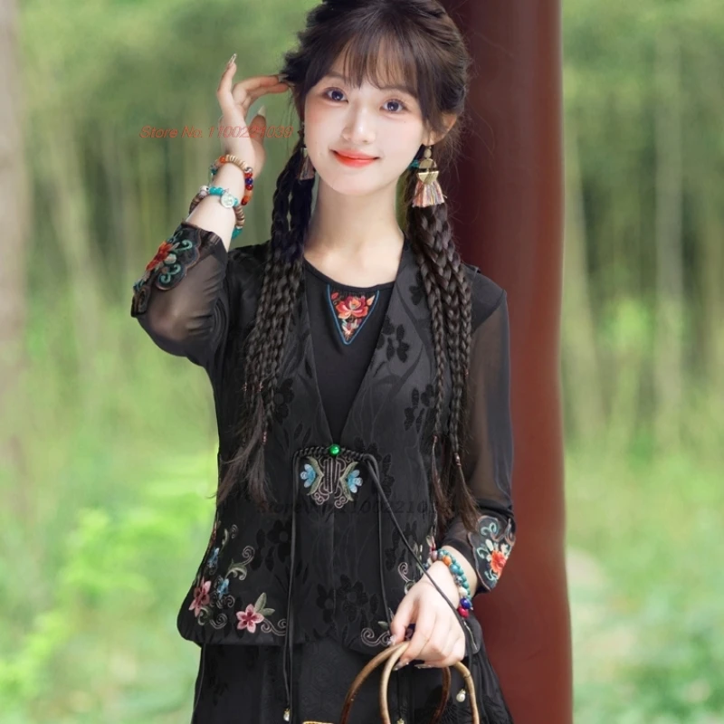 

2025 national flower embroidery satin jacquard vest traditional v-neck folk vest oriental hanfu tops chinese sleeveless jacket