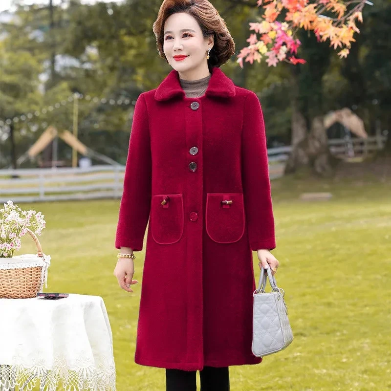 2023 Spring Autumn New Wool Coat Women's High-Grade Mother's Long Square Collar Slim Fur Coat With Imitation Mink Velvet Coat