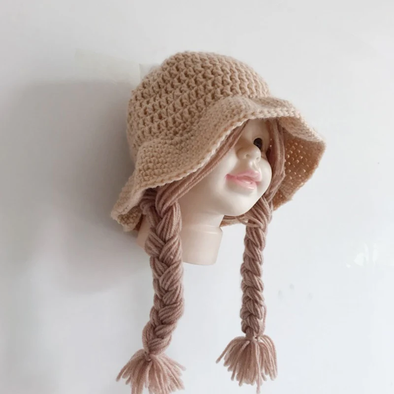 Kids Girls Winter Wig Big Braid Hat Knitted Cap for Toddler Little Girls