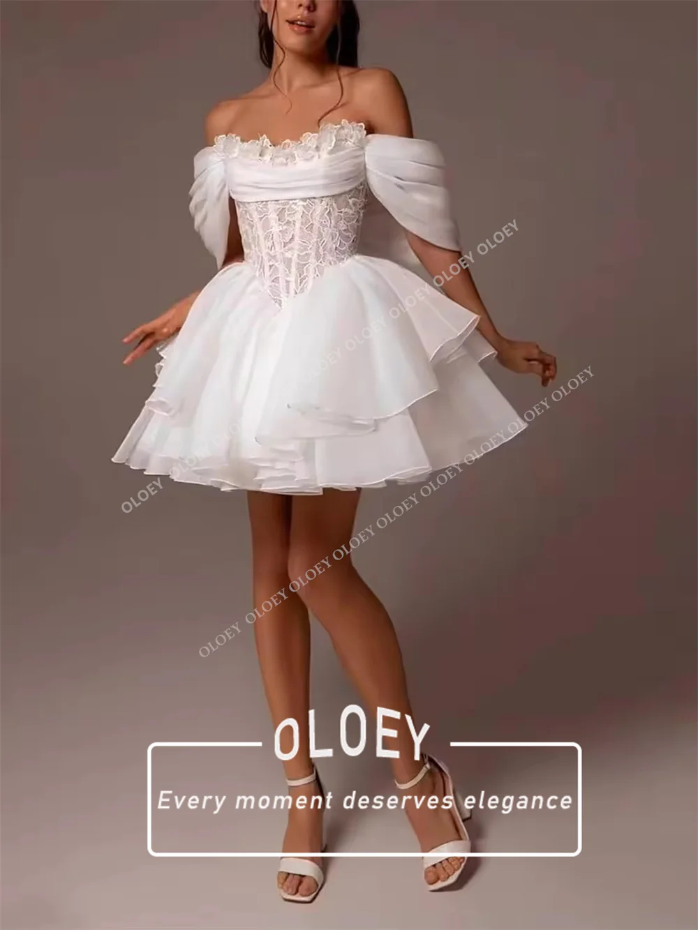 OLOEY Tiered Organza Short Puffy Wedding Dress A Line Ruffled Off Shoulder Bridal Gowns Customized Appliques Robe De Mariage