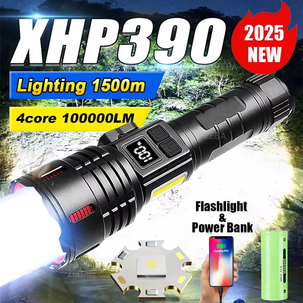 

High Power 10000000LM XHP390 Flashlight Magnet Light Rechargeable Torch Super Bright Lamp Military Tactical Lantern Waterproof