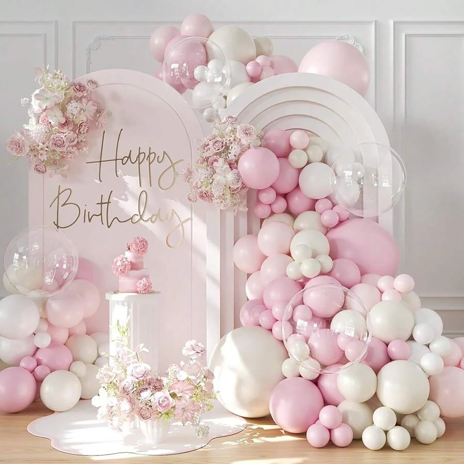 131PCS pink and white latex balloon garland set, suitable for wedding season, birthdays, popular parties, and bridal showers