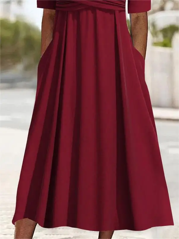 Plus Size Women's Half Sleeve V-neck Solid Color Midi Dress