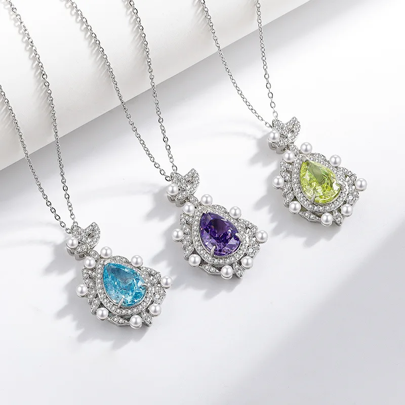 925 Sterling Silver Fashion Temperament Ice Flower Cut Crystal Zircon Pearl Water Drop Shape Necklace Birthday Anniversary Gift