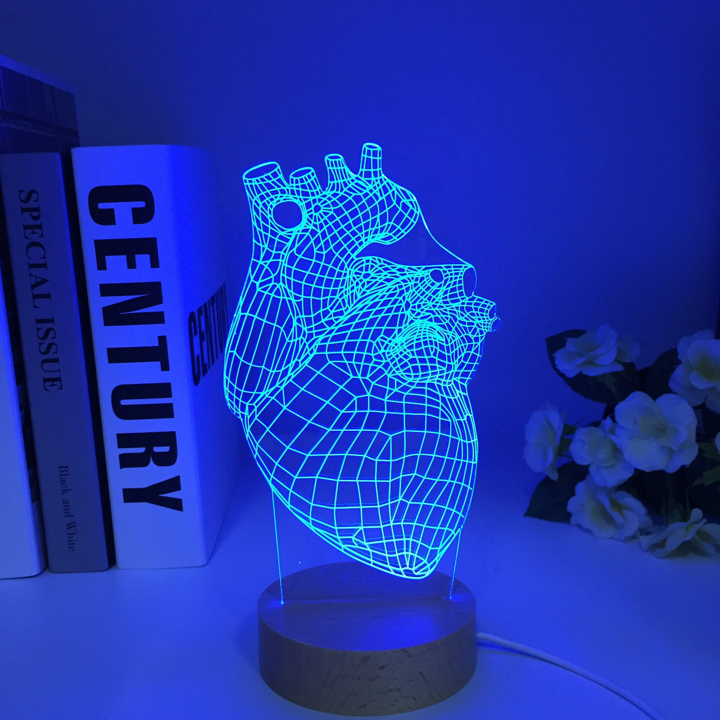 The Heart Shape Wooden Round Base 3D Lamp Battery Powered 7 Colors Present for Children Atmosphere Led Night Light Lamp Dropship