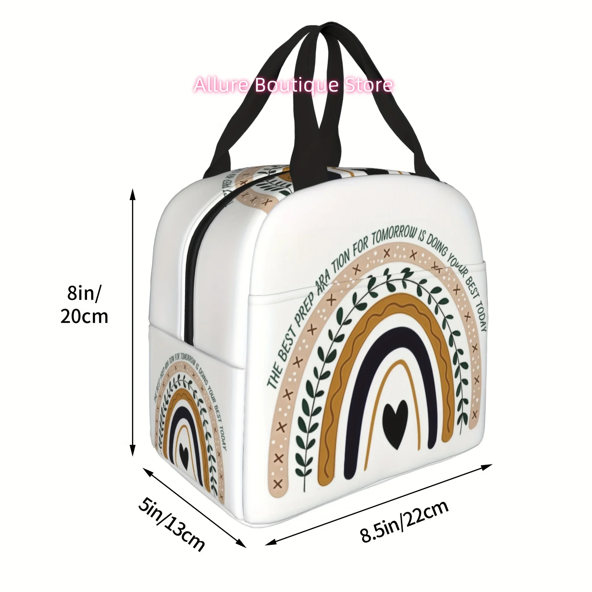 Rainbow & Heart Insulated Lunch Bag - Reusable Bento Tote with Inspirational Quote, Durable Oxford Fabric, Animal Theme - Perfec