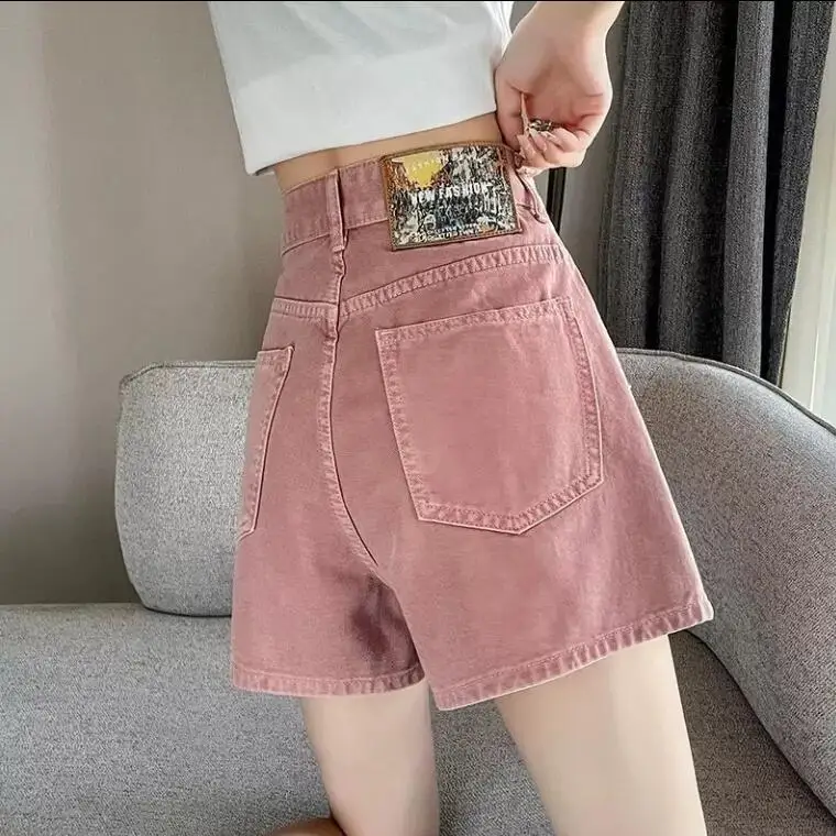 Pink Denim Shorts Women\'s Summer Wide Leg Pants High Waisted A-line Loose Hot Pants