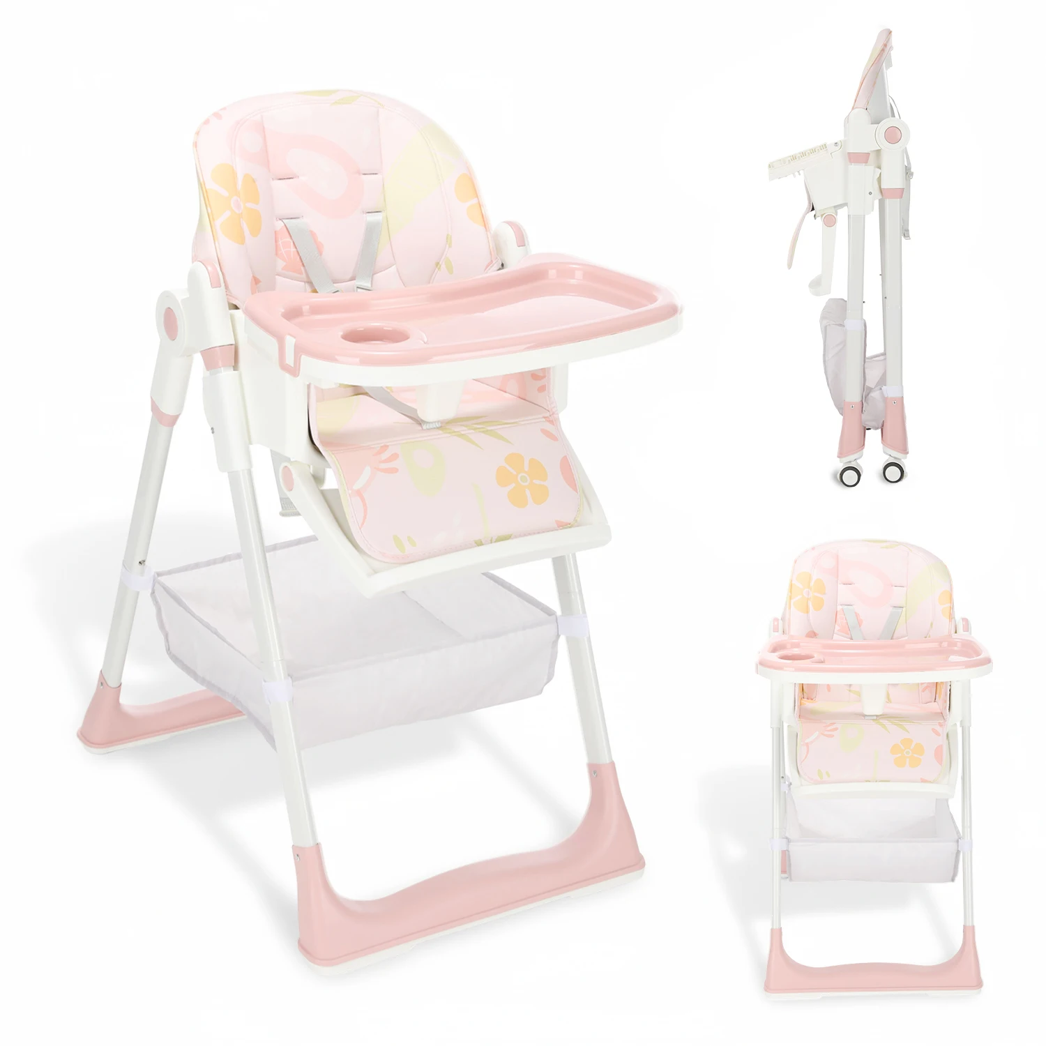 Silla alta plegable para bebé con silla alta reclinable y reclinable, silla alta ajustable en altura, asiento de comedor de cuero PU