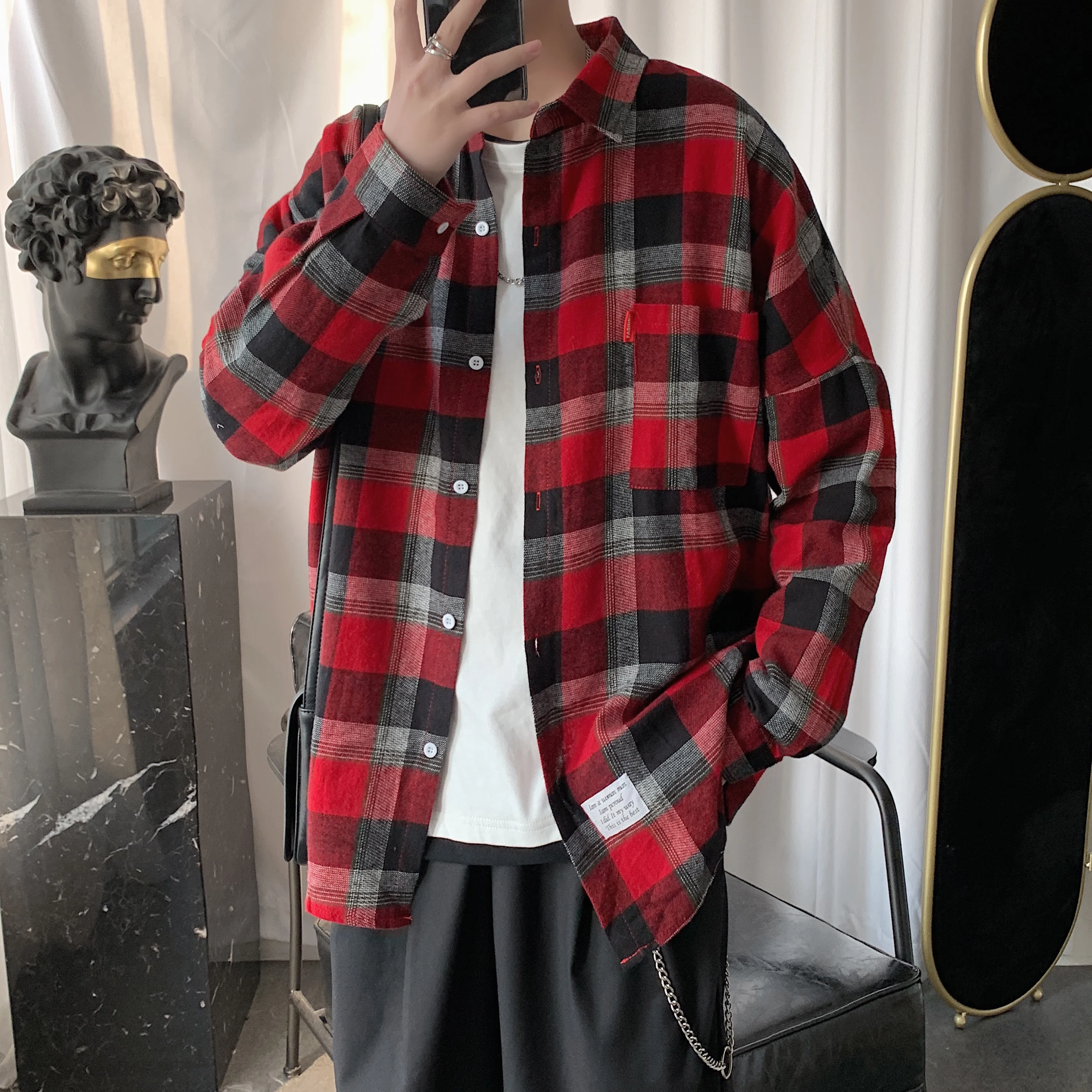 

Autumn New Checked Shirt Men Blouse Long Sleeve Cotton Plaid Shirts Pockets Decor Spring Summer Brand Streetwear Clothing