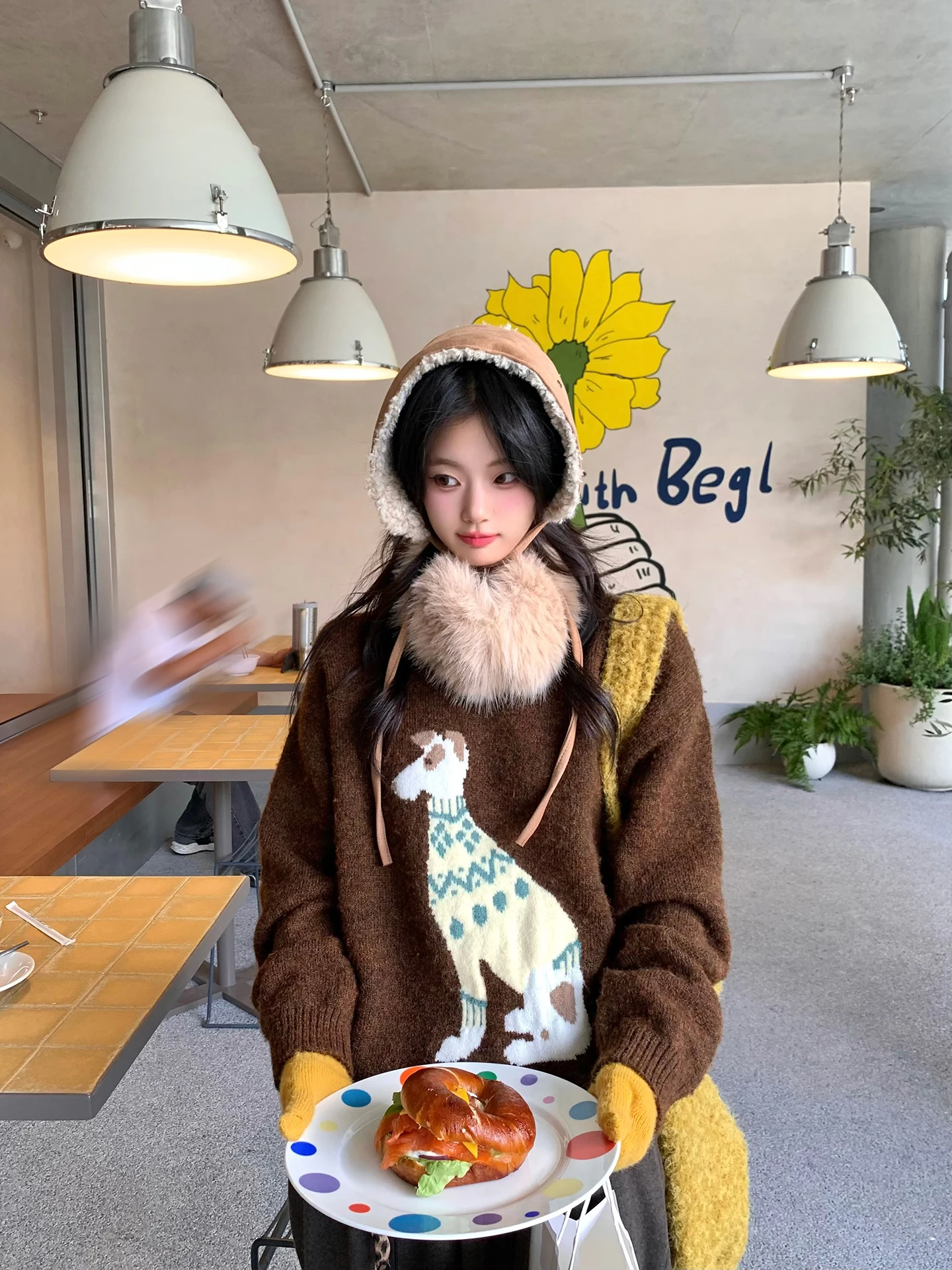 

Women's Loose Fit Casual Winter Sweater with Fur Collar Embroidered Outerwear Thermal Top Coat Straight Tube Sle Long Sve