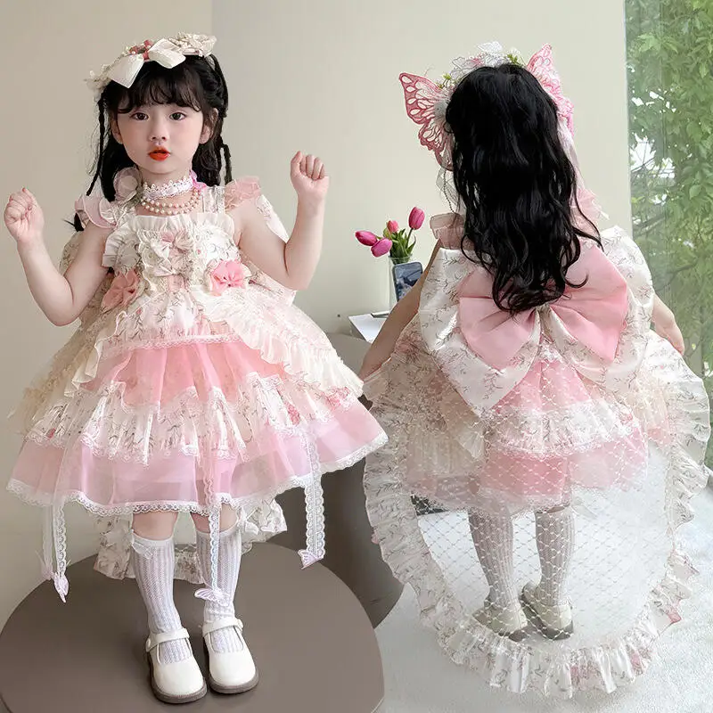Girl Lolita Princess Dress Summer Sweet Cute Spaghetti Strap Dress Monet's Garden Bow Dress with Tail Puff Skirt Birthday Gift