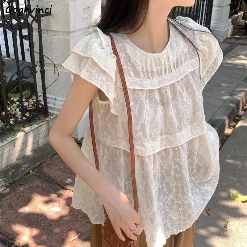 Lace Shirts Women Thin Spring Summer Tops All-match Sweet Ruffles Flying Sleeve Loose Design Folds Chic Lovely Gentle Female Ins