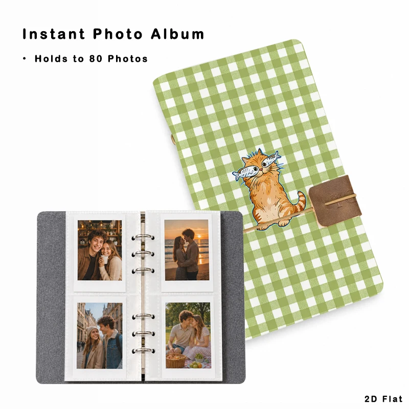 Fresh Green Plaid Kitty Pattern Photo Album 80 Vertical Insert Pockets for Holiday Birthday Party Gift Photo Collection