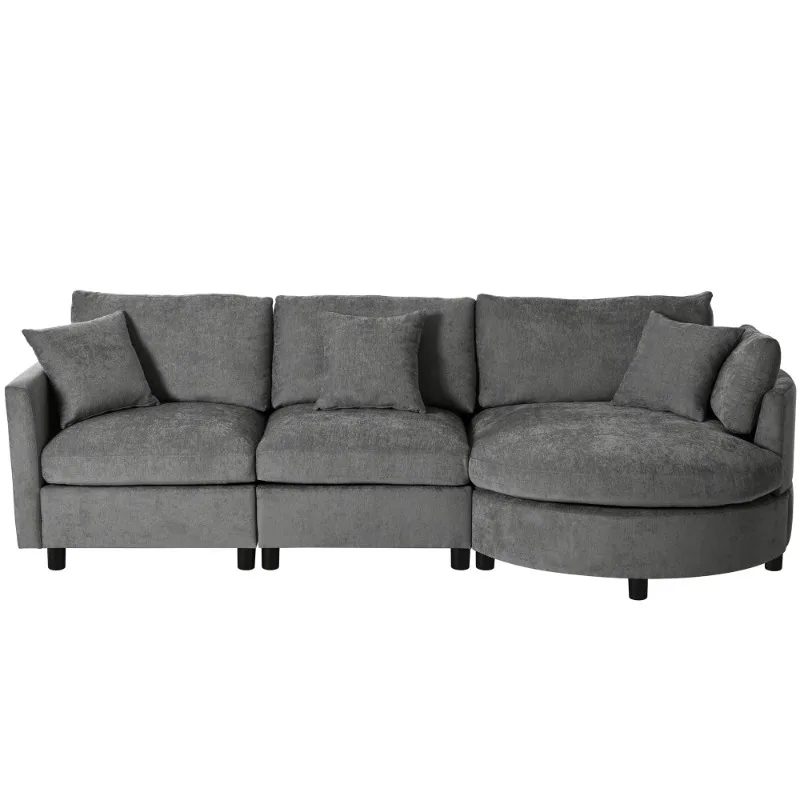 Modern three-piece sofa, curved lounge chair, 3 throw pillows - chenille square, suitable for living rooms and offices