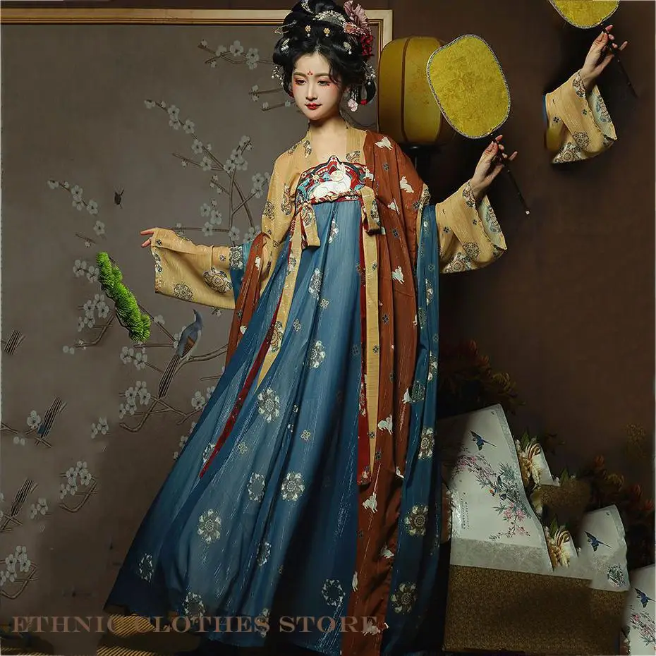 Tang Dynasty Hanfu Dress Princess Print Flower Dress Set Traditional Chinese Fairy Folk Dance Wear Cosplay Costume Oriental Girl