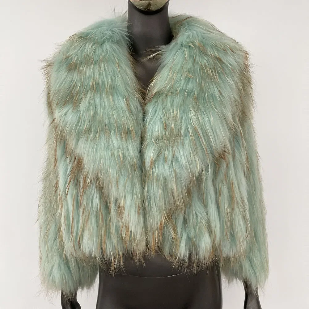 سترة من فراء الراكون الطبيعي الحقيقي معطف جديد منفوش فاخر من الفرو المحبوك معطف شتوي للنساء بياقة من الفرو الطبيعي ملابس خارجية قصيرة