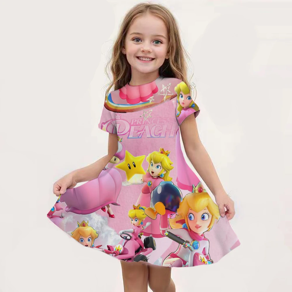 2024 year cute Peach Princess print  Dress Girls Cartoon Super Mario Games Dresses Princess Children\'s Party Clothes