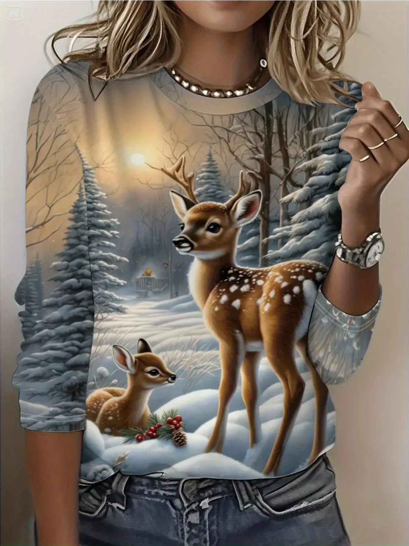 Women's Winter Deer Print Sweatshirt Blue White Snow Scene Fawn Pine Forest Long Sleeve Crew Neck Casual Pullover Top