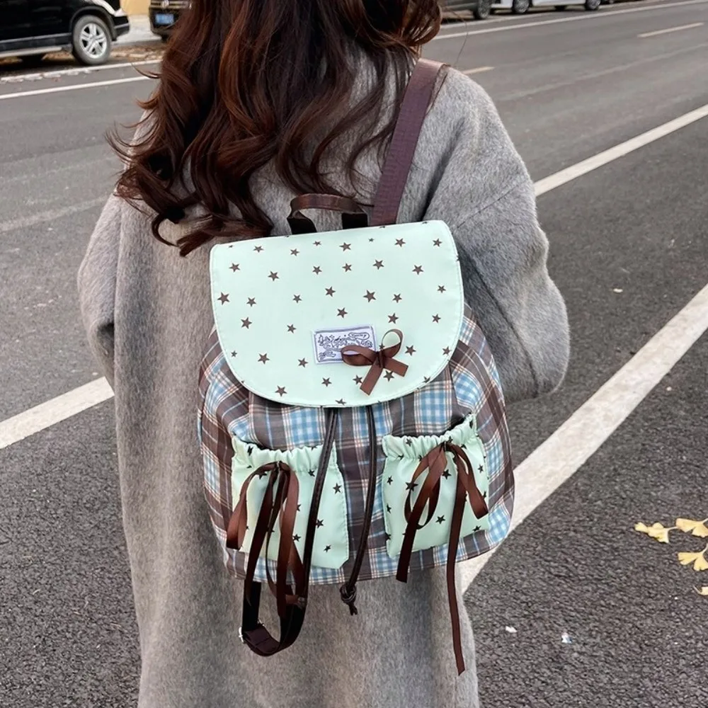 Sweet Bow Double Shoulder Bag Plaid Pattern Contrast Color Student Schoolbags Vintage Grid Pattern Mint Green Small Backpack