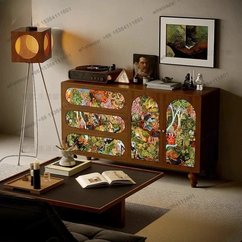 

French retro style abstract solid wood chest cabinet storage decorative cabinet living room sofa storage integrated cabinet