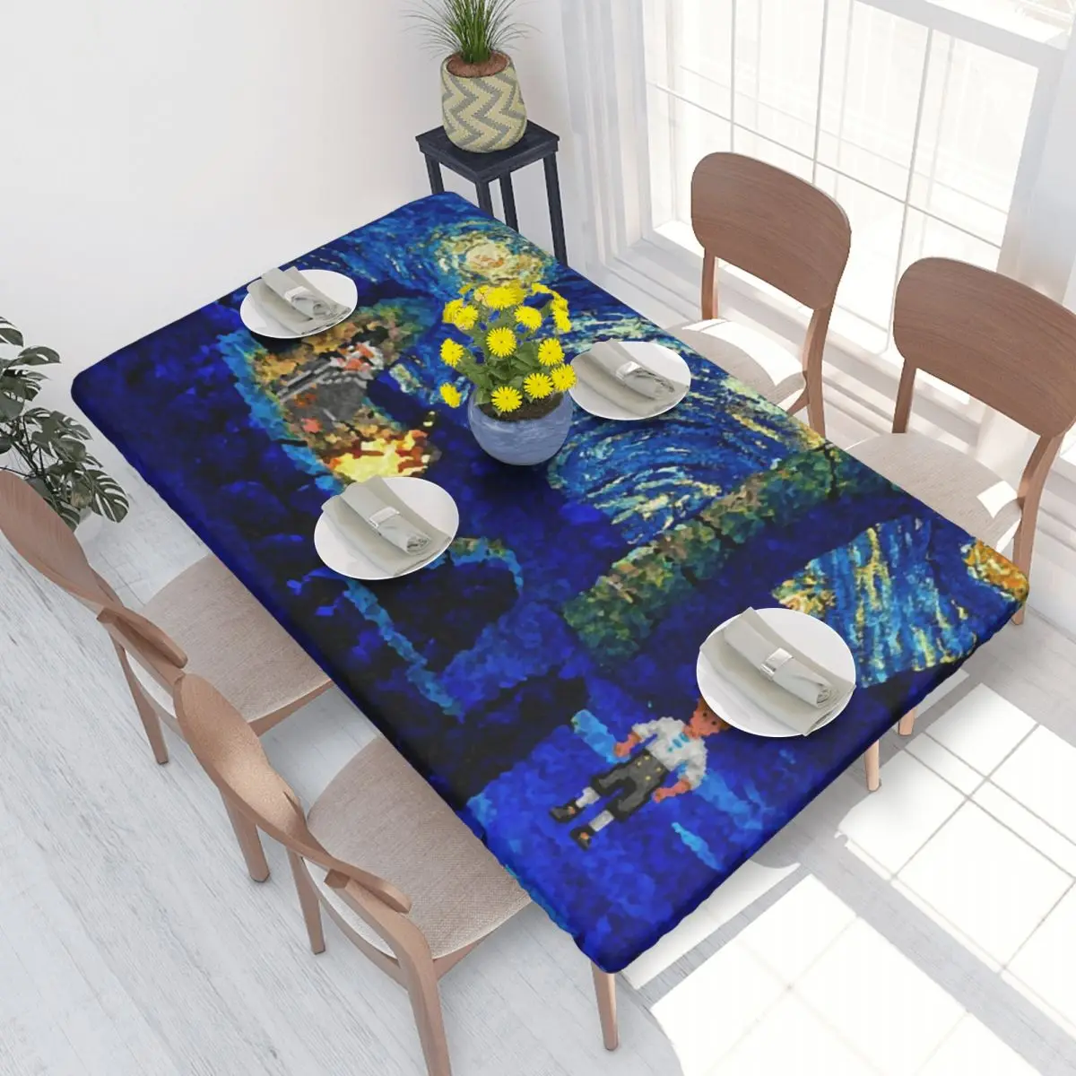 Custom Rectangular Waterproof Melee Starry Night Table Cover Van Gogh Art Painting Table Cloth 4FT Tablecloth for Dining