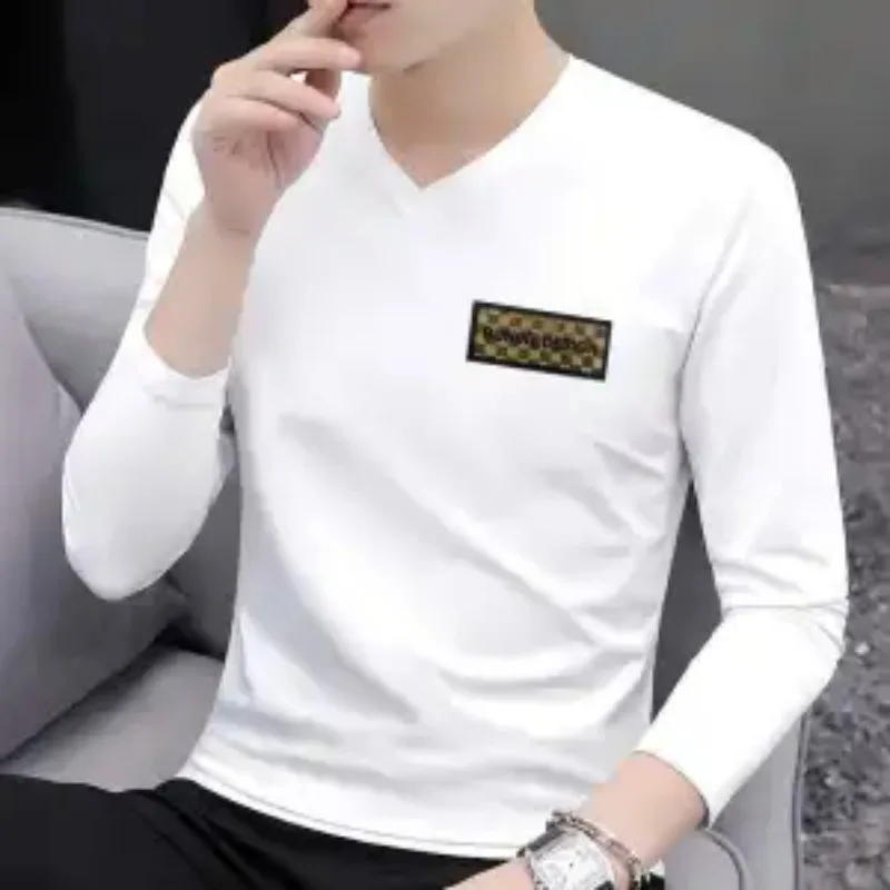 

Spring New Pure Cotton Long-sleeved T-shirt Men's Slim V-neck Daily Casual Top