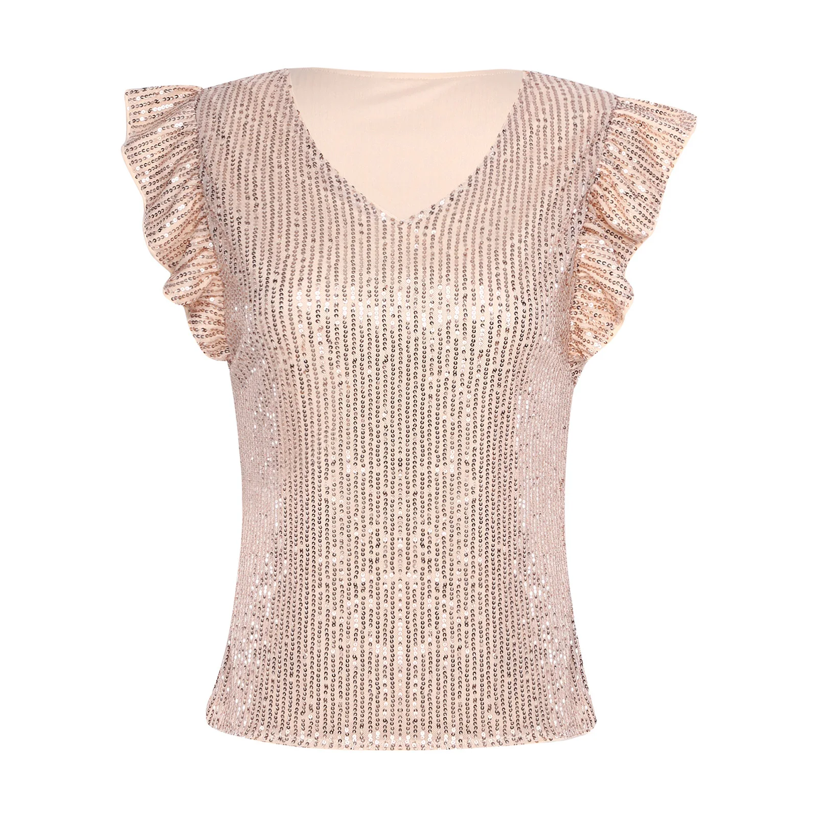 

Sparkly Sequin T-shirts with Lined Women Shiny V Neck Fly Sleeve Pullover Blouse Shirt Tank Top for Casual Daily Party Club