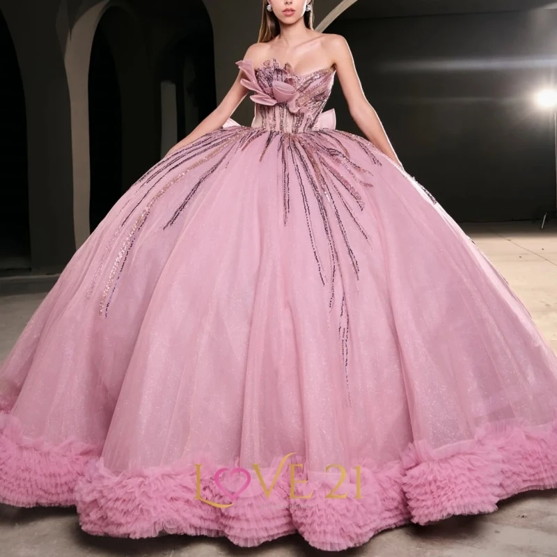 

Pink Shiny Quinceanera Dresses Ball Gown Off The Shoulder Beading Crystal Bow Tiered Tull Sweet 16 Dress Vestidos 15 De Anos