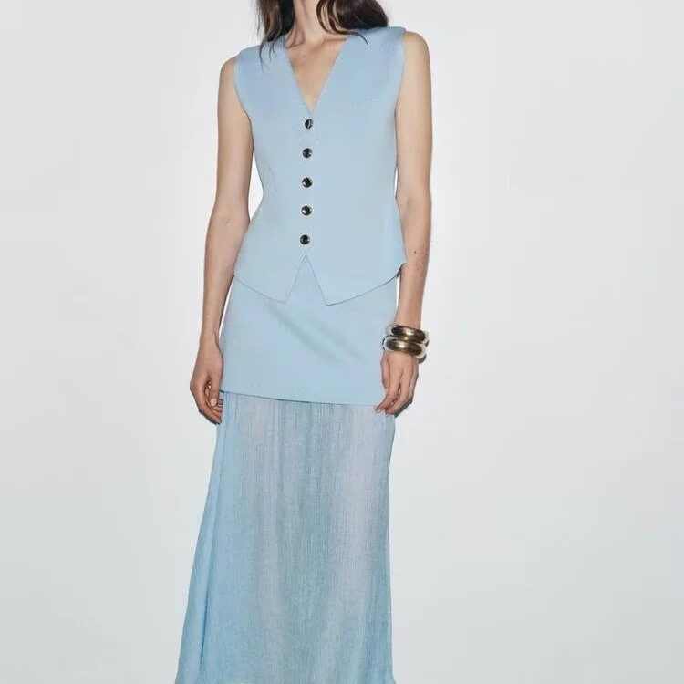 ZBZR Frühling Neue Damen Strickweste Top Unadorned Faion Set Street Sle V-Ne Buttoning ort Sve Polyesterfaser